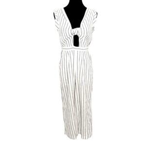 Nautical Wide Leg Jumpsuit 100% Linen Womens M Tie Front Cutout Stripe Cream